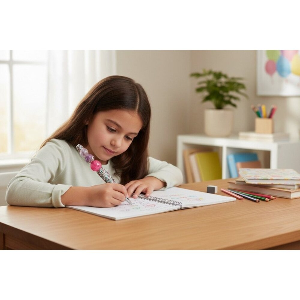 Handcrafted Multicolor Beaded Gel Pen With Glitter Accents & Pink Details